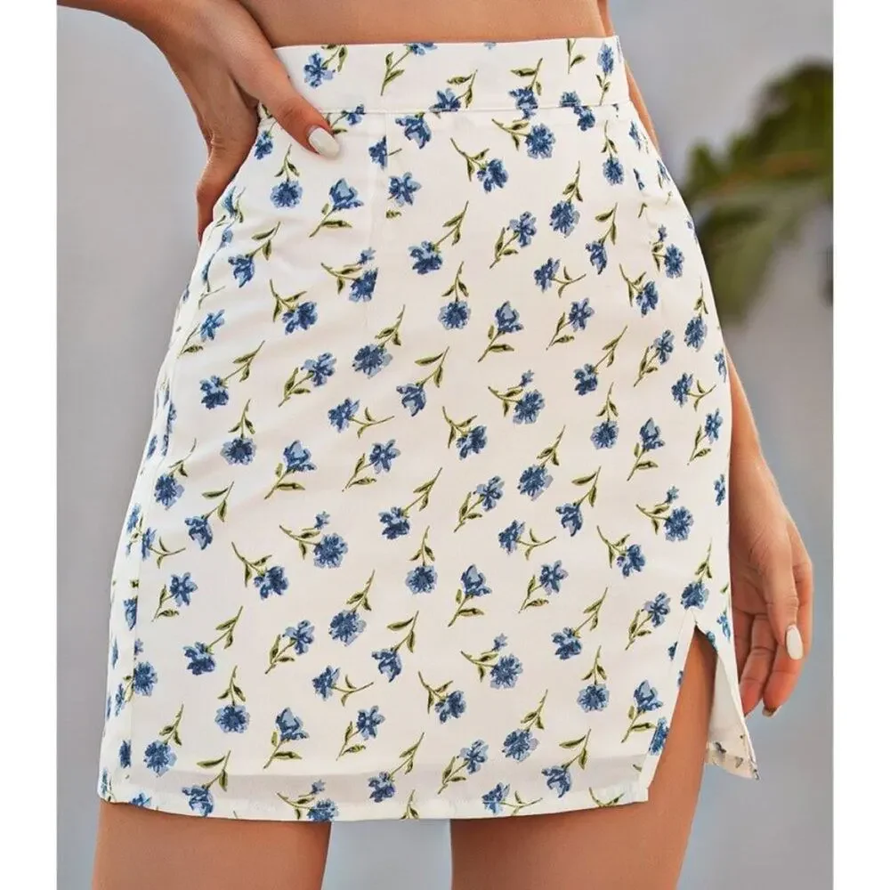 Shein White & Blue Floral Mini Skirt with Side Slit Medium Coquette Cottage